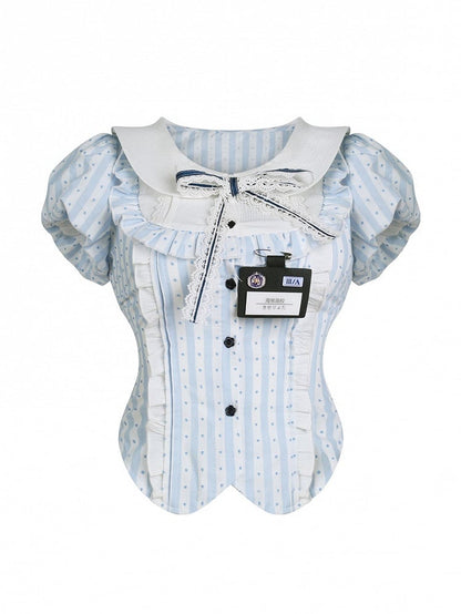 Peter with Striped Pan Polka Blue Collar Puff and Dot Blouse Sweet Sleeves