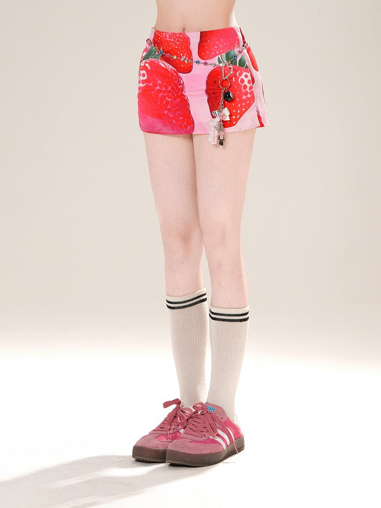 Print Pink Low Waist Sweet Strawberry Mini Bodycon Skirt