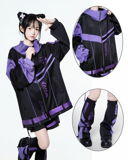 Colorblock Cyberpunk Warmers Leg Embroidered Black Purple