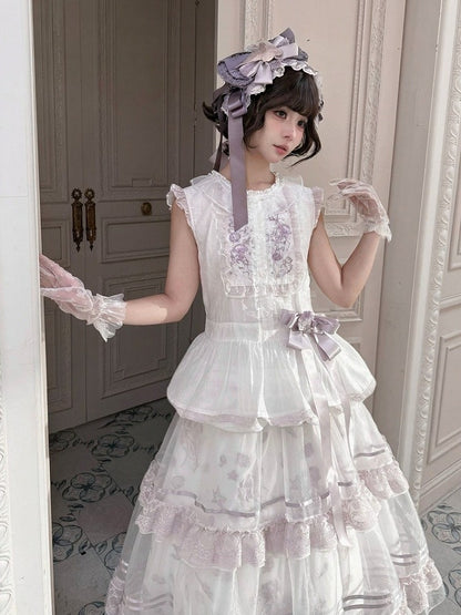 Summer Lolita Top & Skirt Set with Floral Embroidery and Lace - Yimu Walnut