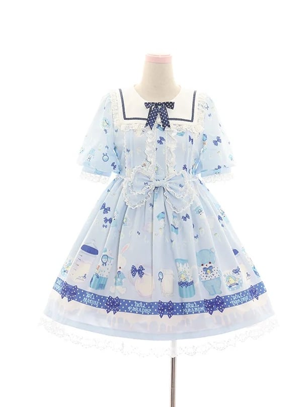 Cute Print Bear Light Blue/Navy Blue Sailor Collar Puff Sleeves