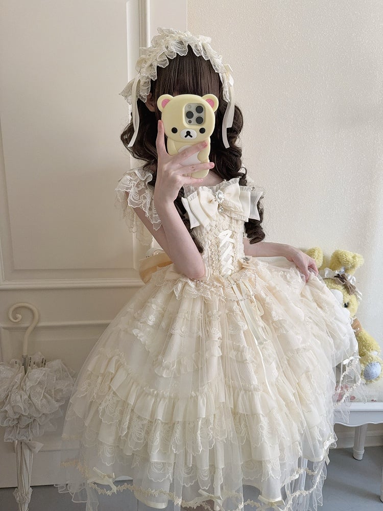 Bows Hanayome-Style Dress with + Apricot Rhinestone Full Details Gentle Lolita Overlay Set Multi-Layer / JSK Lace