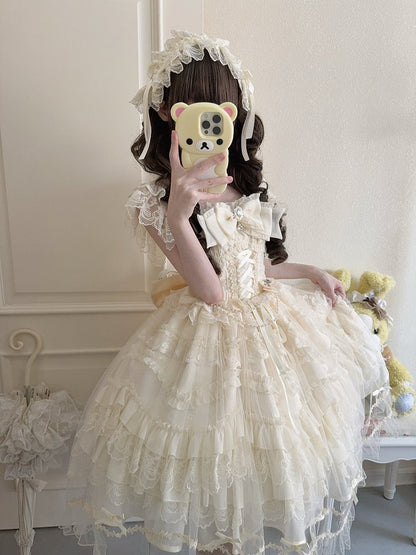 Bows Hanayome-Style Dress with + Apricot Rhinestone Full Details Gentle Lolita Overlay Set Multi-Layer / JSK Lace