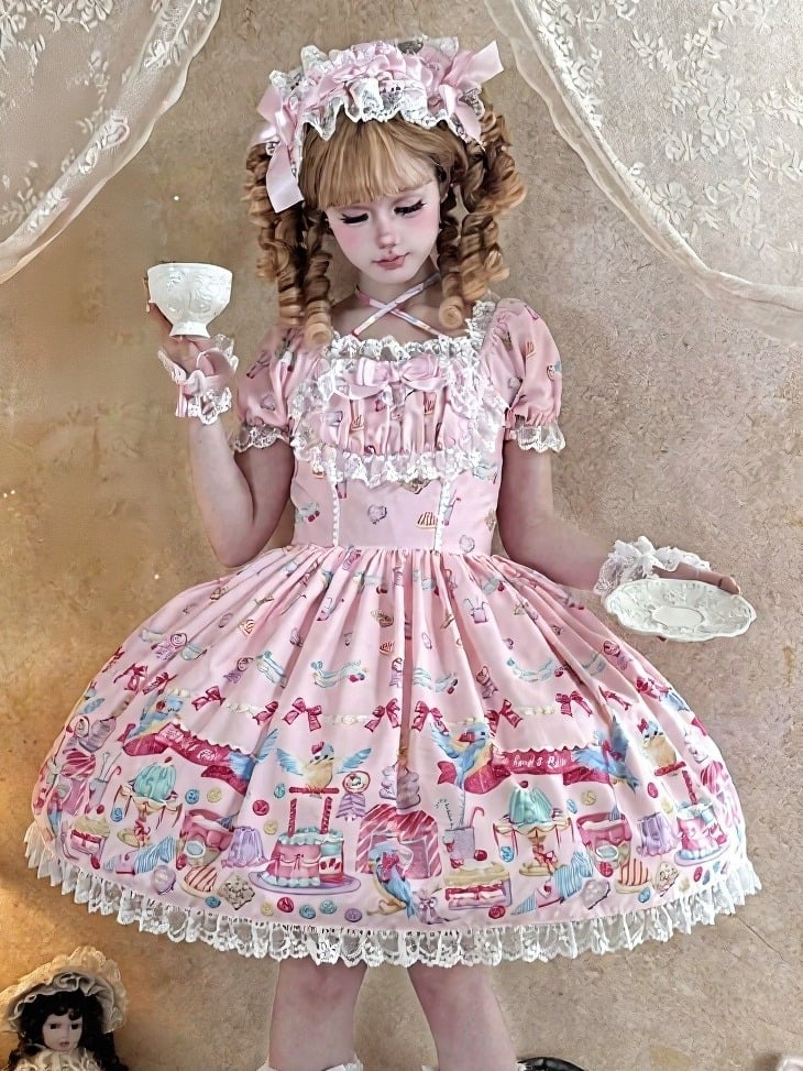 Pink Puff Sleeve Halter Lolita OP Full Set with Dessert and Bird Print, Hairband, Baby Hat, Wrist Cuffs and Bow Hair Clip - Good Night Meow