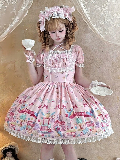 Pink Puff Sleeve Halter Lolita OP Full Set with Dessert and Bird Print, Hairband, Baby Hat, Wrist Cuffs and Bow Hair Clip - Good Night Meow