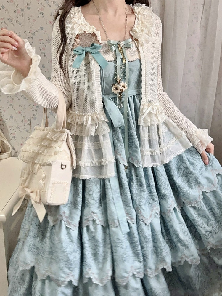 Jumper with Trim Scallop Skirt Blue Classic Layered Print Embroidered Lolita Floral