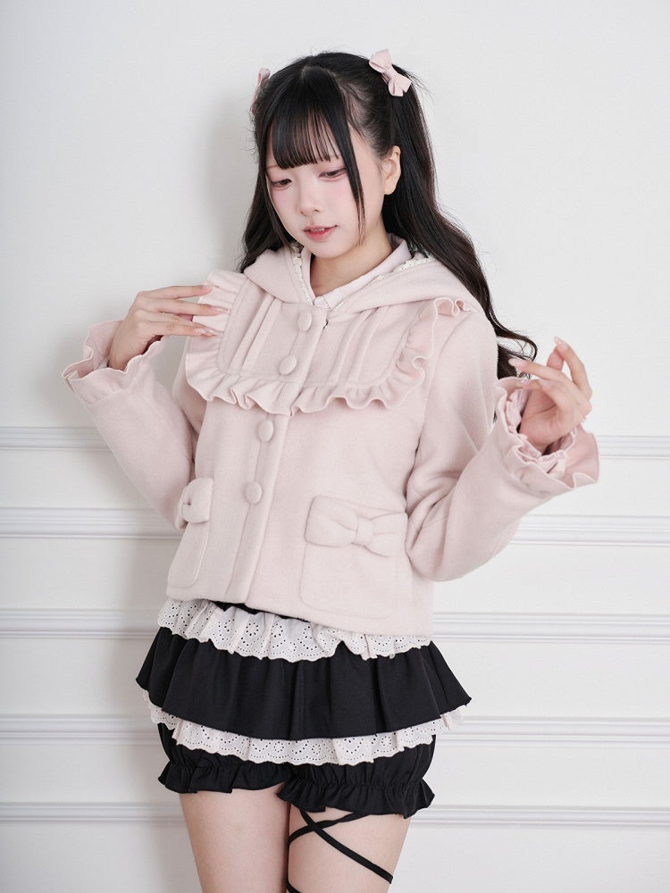 Ruffle-Trimmed Short Hooded Jacket in Pink Ryousangata Wool Blend - No Genki