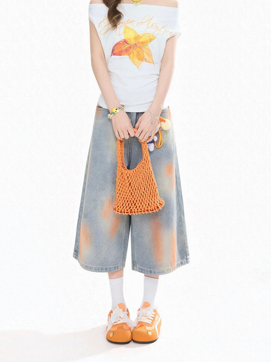 Kawaii Yellow Spray Print Cropped Jeans - Rayohopp