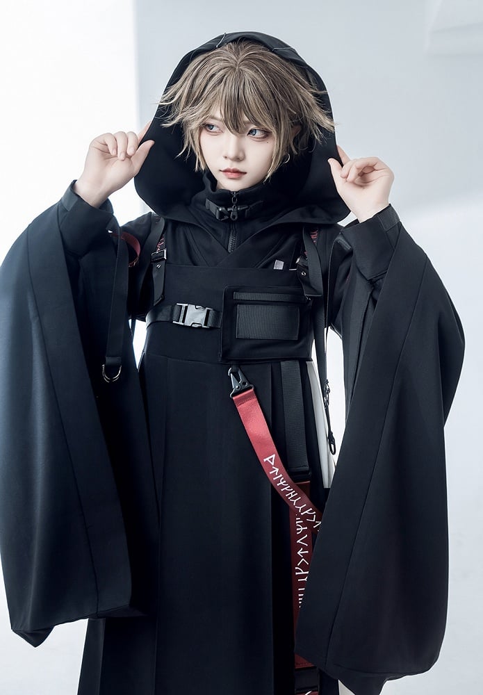 バックルフード付きロリータテックウェア王子ストラップジャケット ブラック