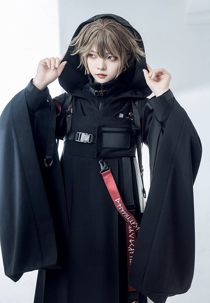 バックルフード付きロリータテックウェア王子ストラップジャケット ブラック
