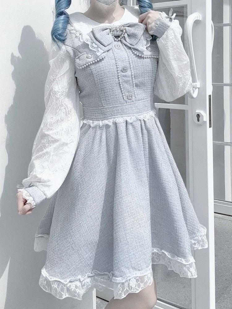 in Bow Blue: Kei Sleeves Elegant Jirai Beadwork Lace with Detachable Dress Long Tie Dusty Tweed