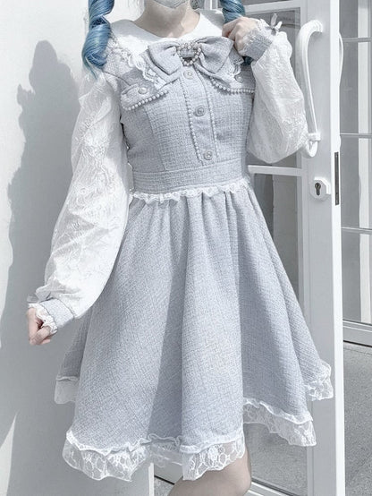 in Bow Blue: Kei Sleeves Elegant Jirai Beadwork Lace with Detachable Dress Long Tie Dusty Tweed