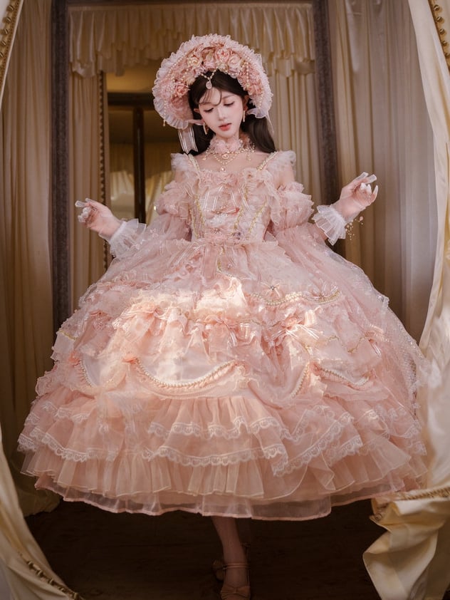 Gorgeous Lolita Length Sizes Chain and Hime Wedding Available Ankle Floral Dress Hanayome Bead Plus Pink