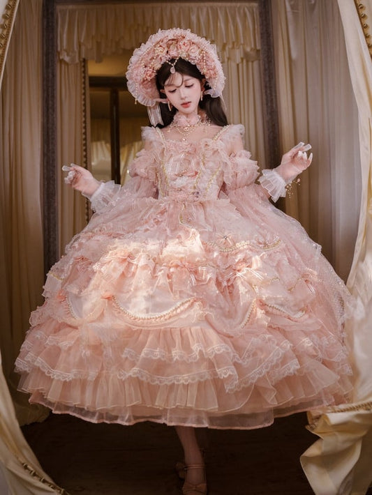 Gorgeous Lolita Length Sizes Chain and Hime Wedding Available Ankle Floral Dress Hanayome Bead Plus Pink