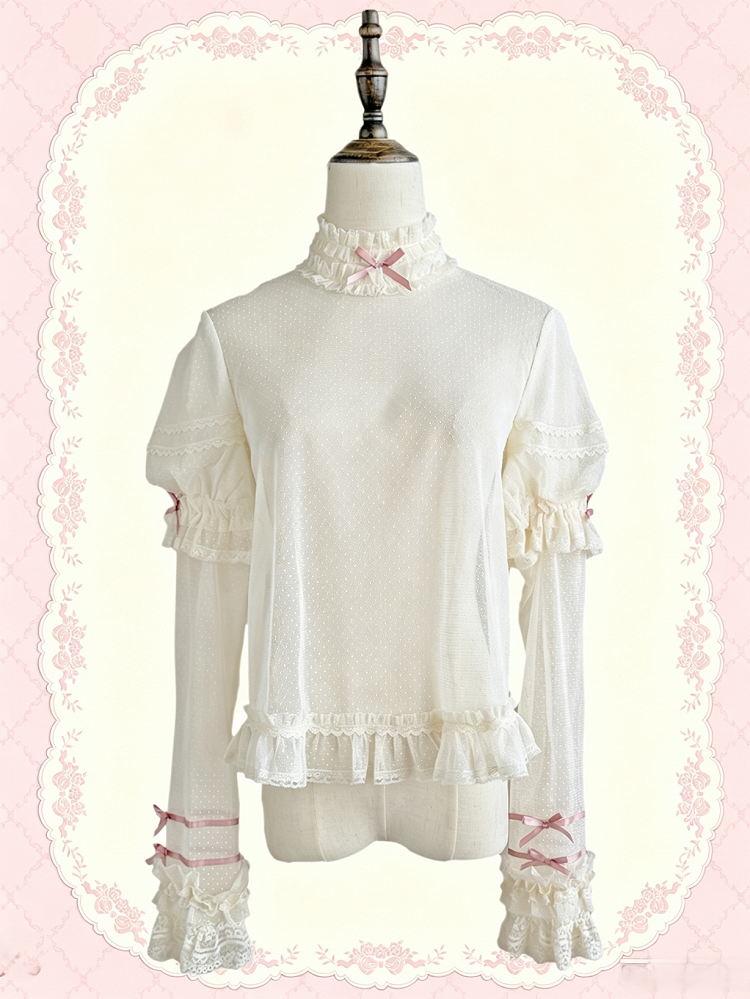 Sweet Lolita Blouse with Dot Tulle Sheer and Detachable Long Sleeves - Treasure House