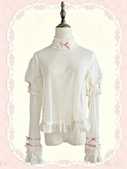 Sweet Lolita Blouse with Dot Tulle Sheer and Detachable Long Sleeves - Treasure House