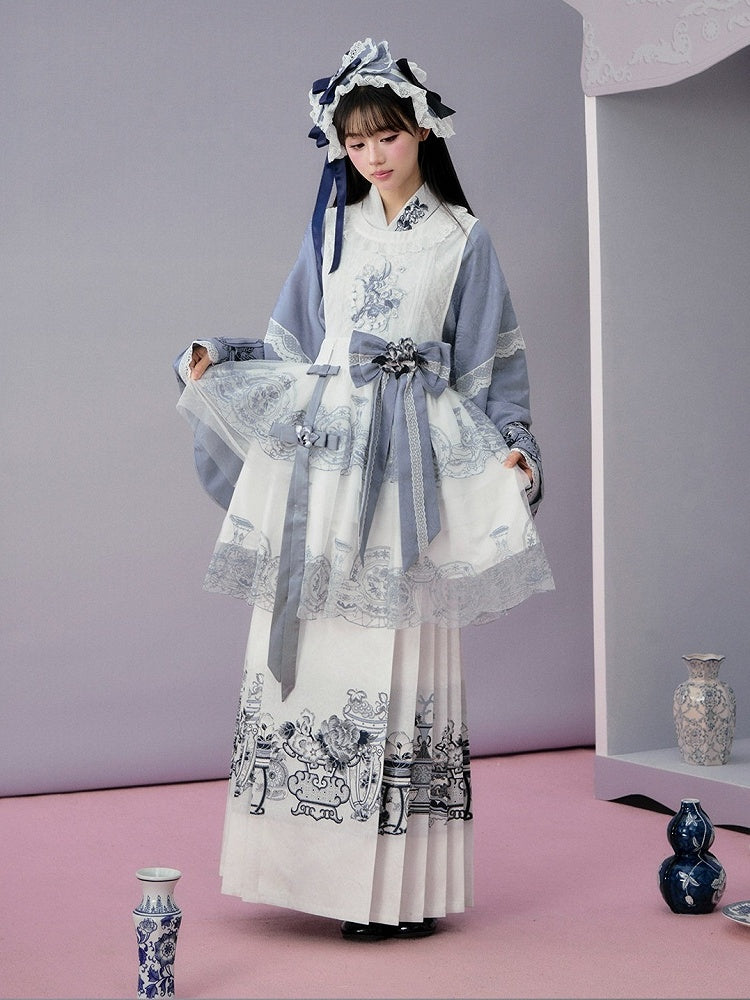 Blue & White Long Mamian Skirt with Porcelain Embroidery - Yimu Walnut