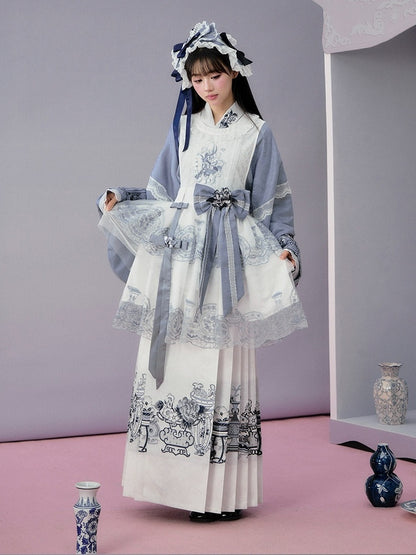Blue & White Long Mamian Skirt with Porcelain Embroidery - Yimu Walnut