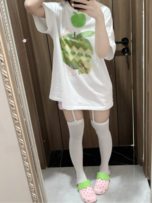 Green Apple Print White Round Neck Cotton T-Shirt Apple Choker Free with