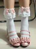 White Calf Ruffled Jirai Cuff Kei Bowknot Pink/Blue/Purple/White/Black/Beige Socks With Details