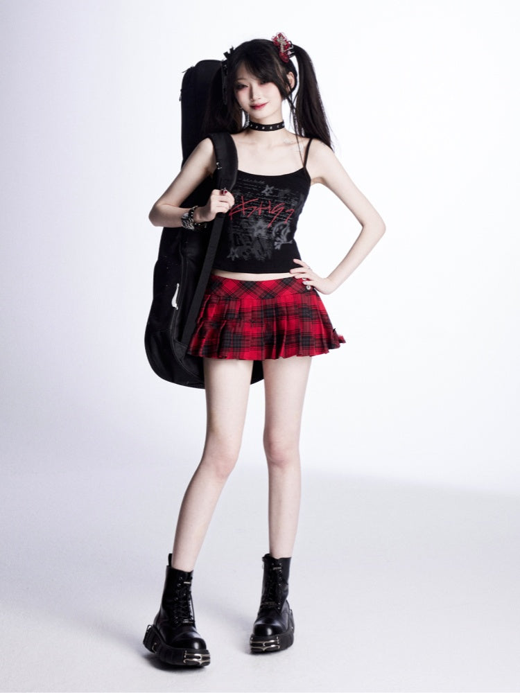 Rot/Schwarzes Vintage-Camisole-Top mit Buchstabendruck, glamourös