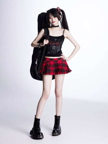 Rot/Schwarzes Vintage-Camisole-Top mit Buchstabendruck, glamourös