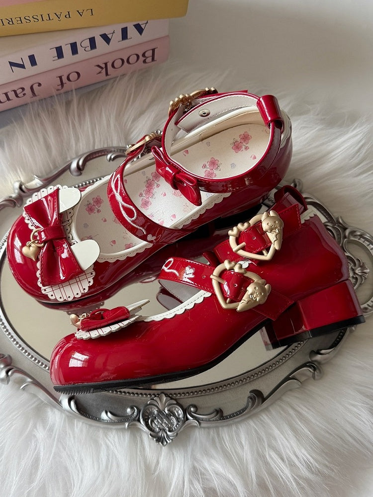 Bunny Embellishments Details Bow Lolita Red Shoes Mid-heel Sweet with Ear