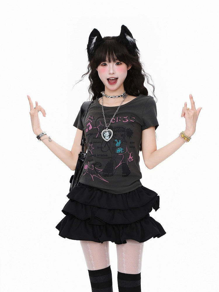 Black Slim-Fit Cartoon Musical Graphic with Notation T-shirt:
