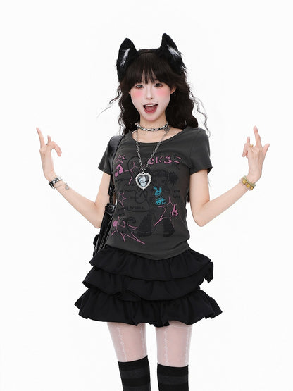 Black Slim-Fit Cartoon Musical Graphic with Notation T-shirt: