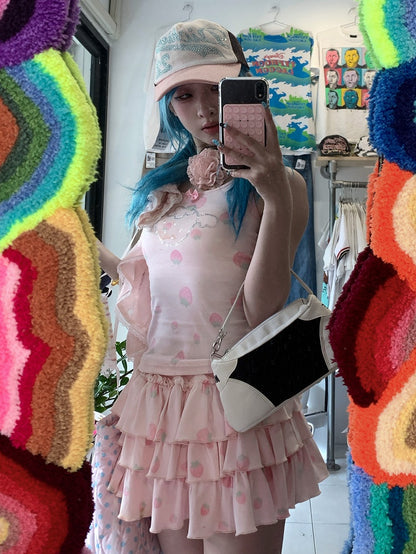 Details Top Strawberry Pink Cami Rhinestone with Print