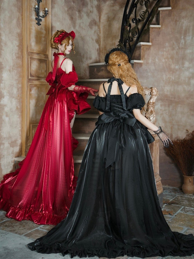 Floor-Length Train with Flounce Trimming in Black and Red - With PUJI