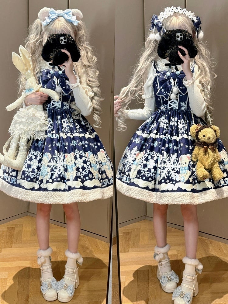 Sweet Winter Lolita Snowy Teddy Print Dark Blue Gradient Lolita JSK Full Set