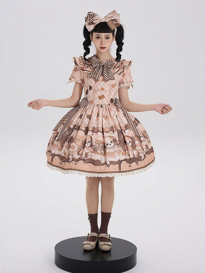 Süßes Lolita-Kleid mit kurzen Ärmeln und Welpen- und Keks-Print in Gelb
