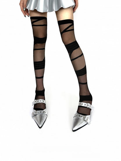 Stockings White/Black Y2K Pattern Knee Over Strap
