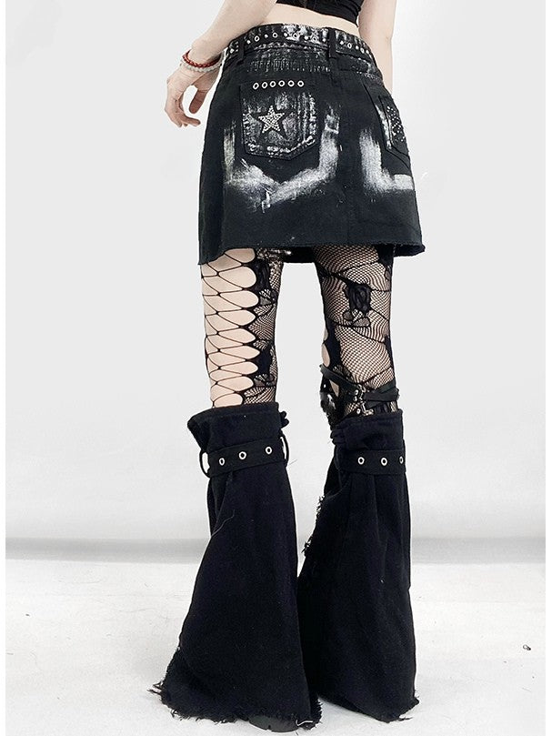 Star Cross Applique Skirt With Glamorous Black Y2K Rhinestone Leg Warmers