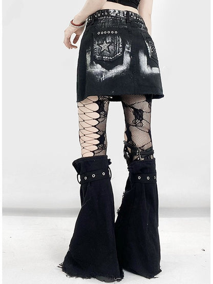 Star Cross Applique Skirt With Glamorous Black Y2K Rhinestone Leg Warmers