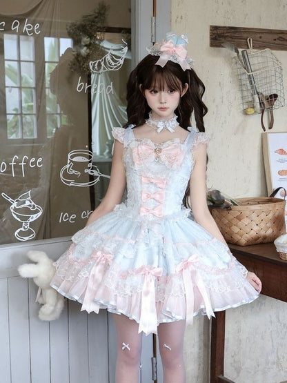 Blue & Pink Layered Lace Lolita JSK with Pearls - Miss Han