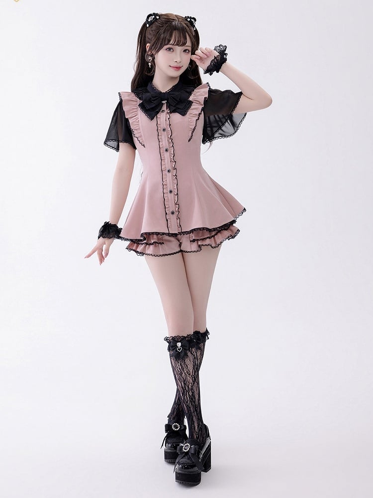 Chiffon Ruffle Dress with Lace Trim and Bow Set - Fluffy Heart