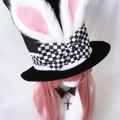 Rabbit Bow Hat Vibes Alice Black Faux Accent Ears Lolita with Checkered Top and