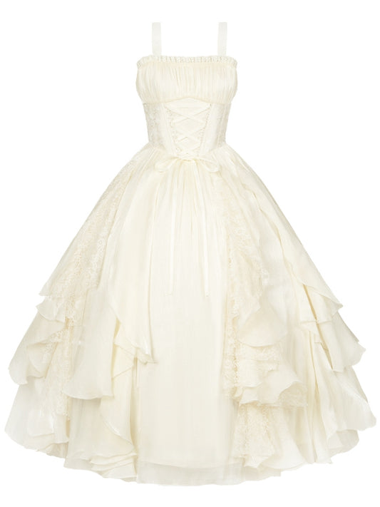 バージョンボーンフリルロリータベージュドレススカートウエストバスクロングカスケーディング