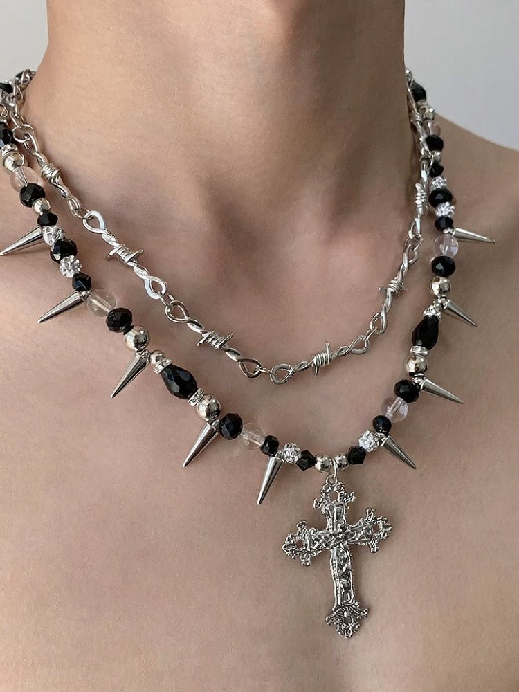 Punk Black & White Beaded Layered Necklace with Spikes and Cross - YSHXS