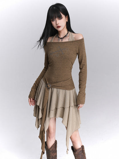 Khaki Faux Skirt Off-Shoulder Halter Handkerchief Two-Piece Hem Tiered Top Dress: Coffee Gothic