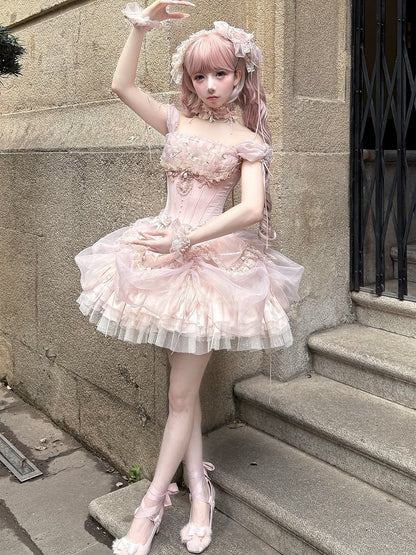 Ärmel Lagen-Outfit Top Korsett Balletcore Rüschen Rosa Stäbchen Puff Prinzessin Lolita + Rock BE006