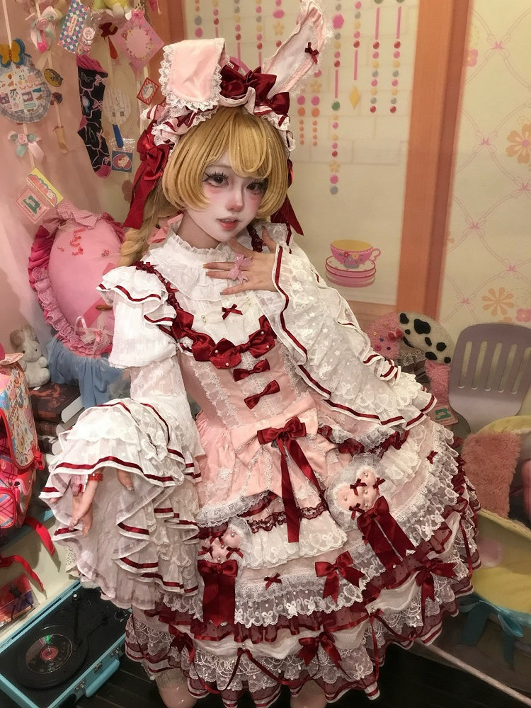Pink & Red Hanayome Lolita Layered Hime JSK Dress with Bow Accents - Starry Messenger