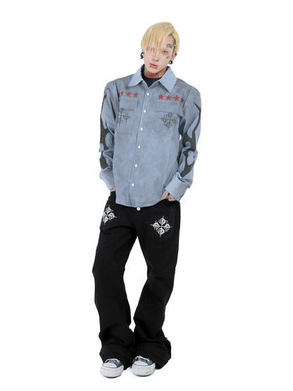 Washed Distressed Blue Striped Shirt with Red Star Prints - DETW OnLine