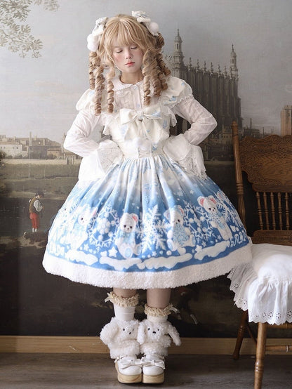Süßes Lolita-Kleid mit Teddy- und Schneeflocken-Muster und Winterfleece-Saum