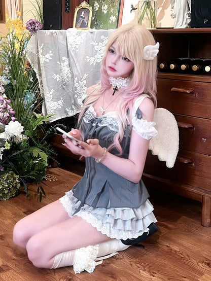 Cami Gray Lace-Trim Detail with Bow Top