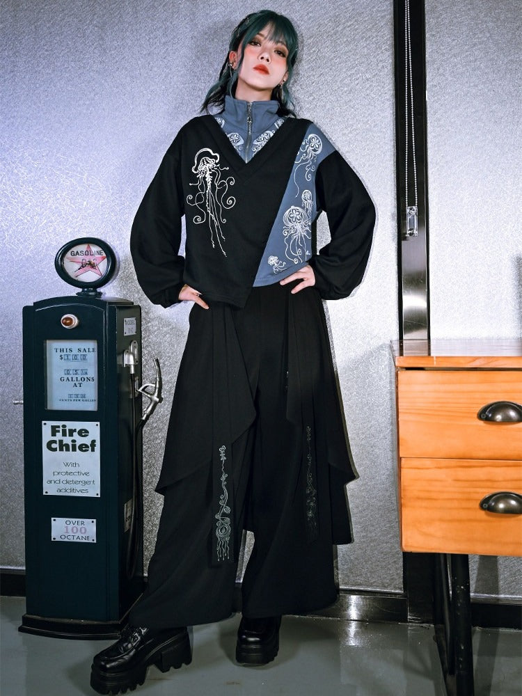 Black & Blue Asymmetrical Stand Collar Dark Fashion Sweatshirt with Jellyfish Motif - Quirky Hut