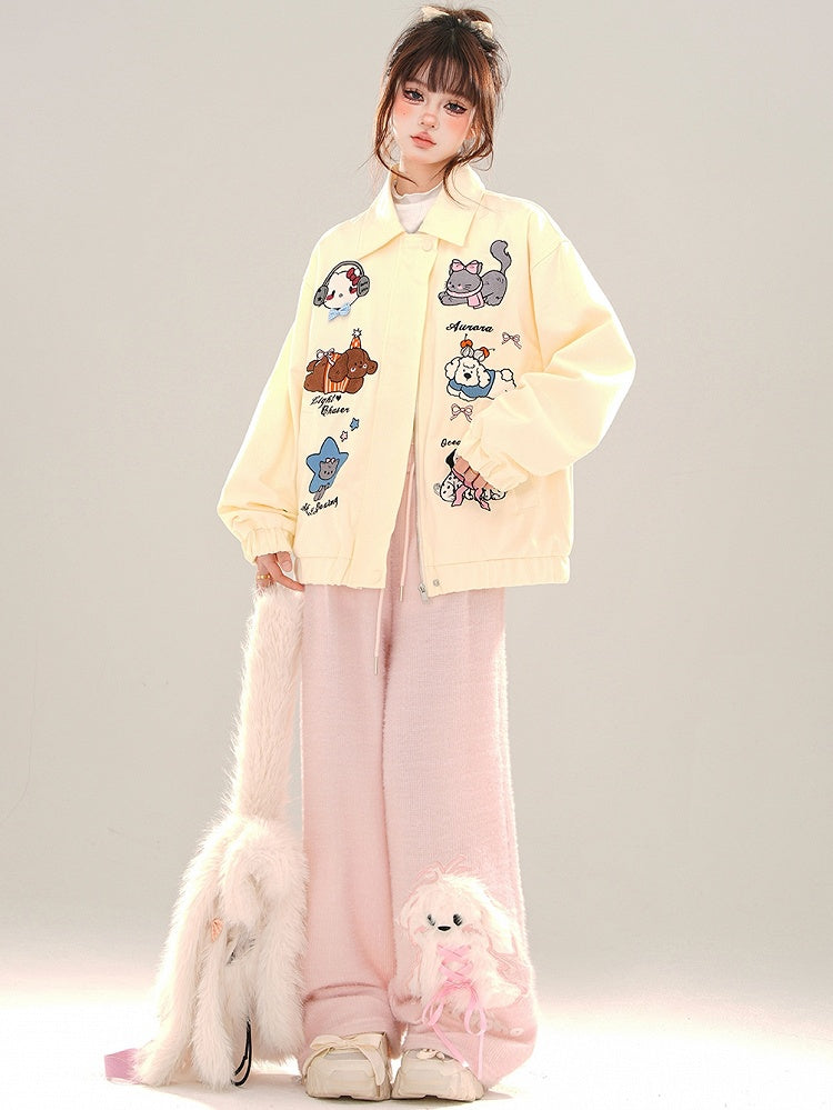 Pink/Apricot Cute Animal Zip Placket Baseball Jacket