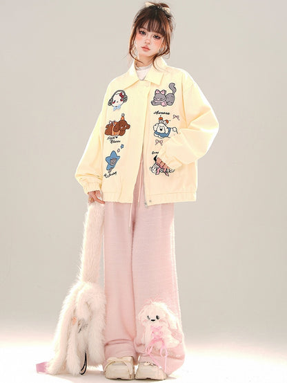 Pink/Apricot Cute Animal Zip Placket Baseball Jacket